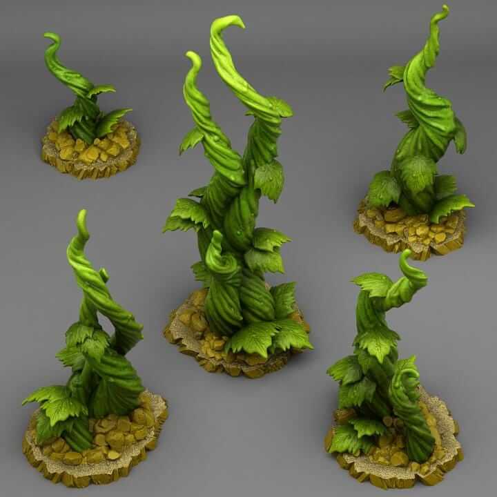 Jack's Beanstalk 2 miniatures for tabletop wargaming, featuring detailed green plants on rocky bases.