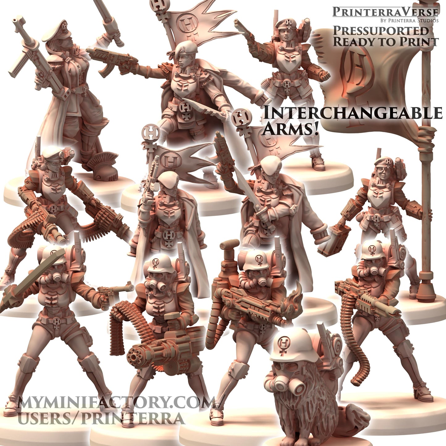 MILITARIA Herrschaft Soldatin Female Army with Gattling and Flamethrower - Printerra - Tabletop Wargaming Miniature for Grimdark OPR Sci-fi