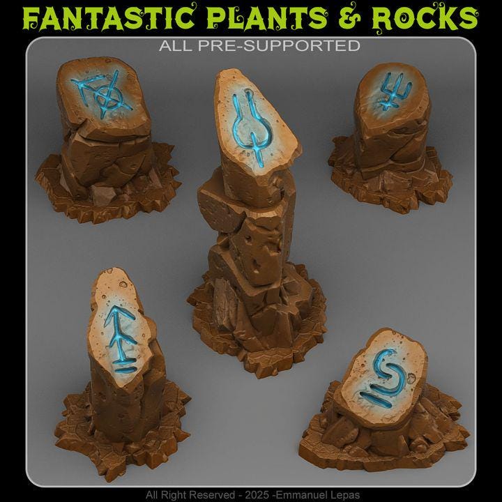 Sci-Fi Glyph Stones Wargaming Terrain Objectives | Fantastic Plants and Rocks | PathFinder | Mini | Dungeons and Dragons | Fantasy | RPG